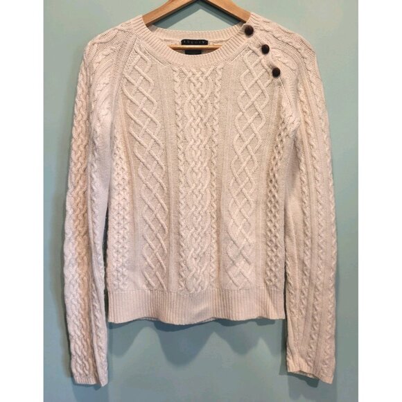 Theory Ivory 100% Cashmere Cableknit Sweater Quiet Luxury Sz L - Picture 1 of 6